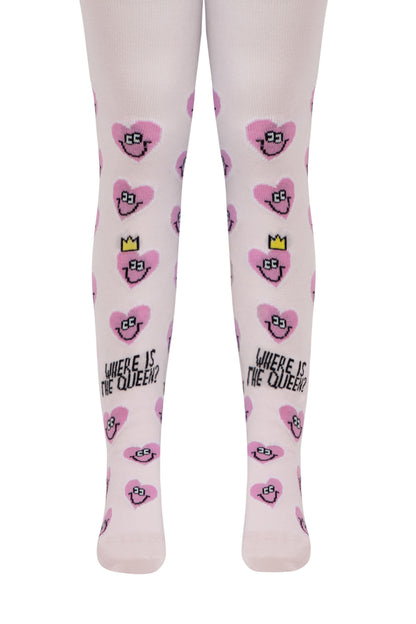 Light pink opaque tights patterned with repeated pink heart-shaped faces, featuring a yellow crown on one heart per leg and the black text "WHERE IS THE QUEEN?" printed on each shin.