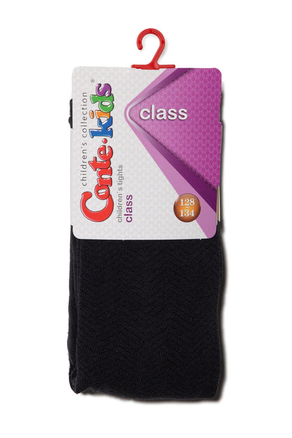 A pair of black children's tights packaged on a branded card with a red plastic hanger.