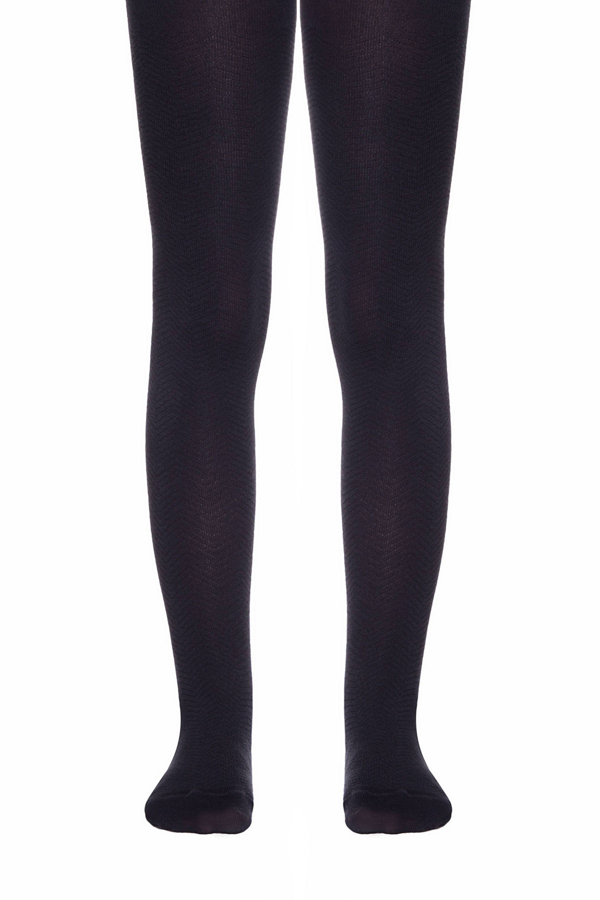 A pair of opaque black tights featuring a subtle herringbone pattern on a plain white background.