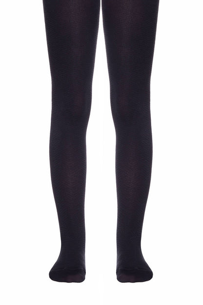 A pair of opaque black tights featuring a subtle herringbone pattern on a plain white background.