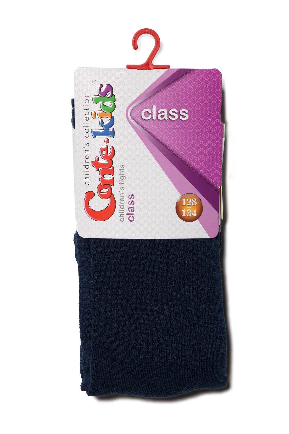 A pair of folded dark blue children's tights is hanging from a red plastic hook with an attached product tag.