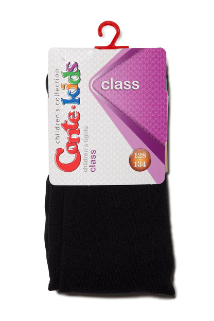 Black children's tights packaged on a branded card with a red plastic hanger.