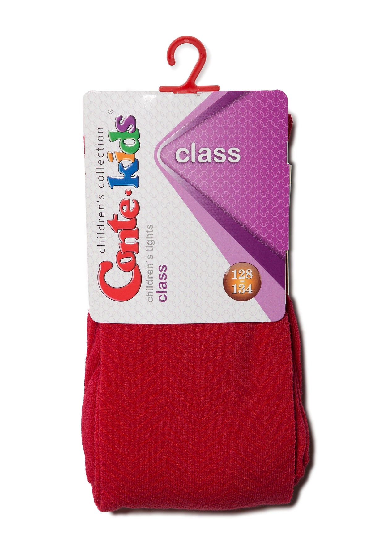 Red children's tights with a chevron pattern attached to a branded cardboard hanger.