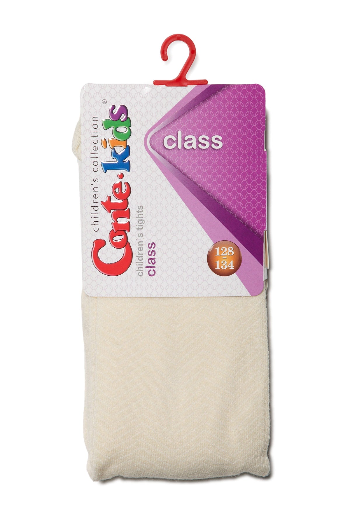 A pair of folded, off-white children's tights hang from a plastic red hook on a product display card with purple accents.