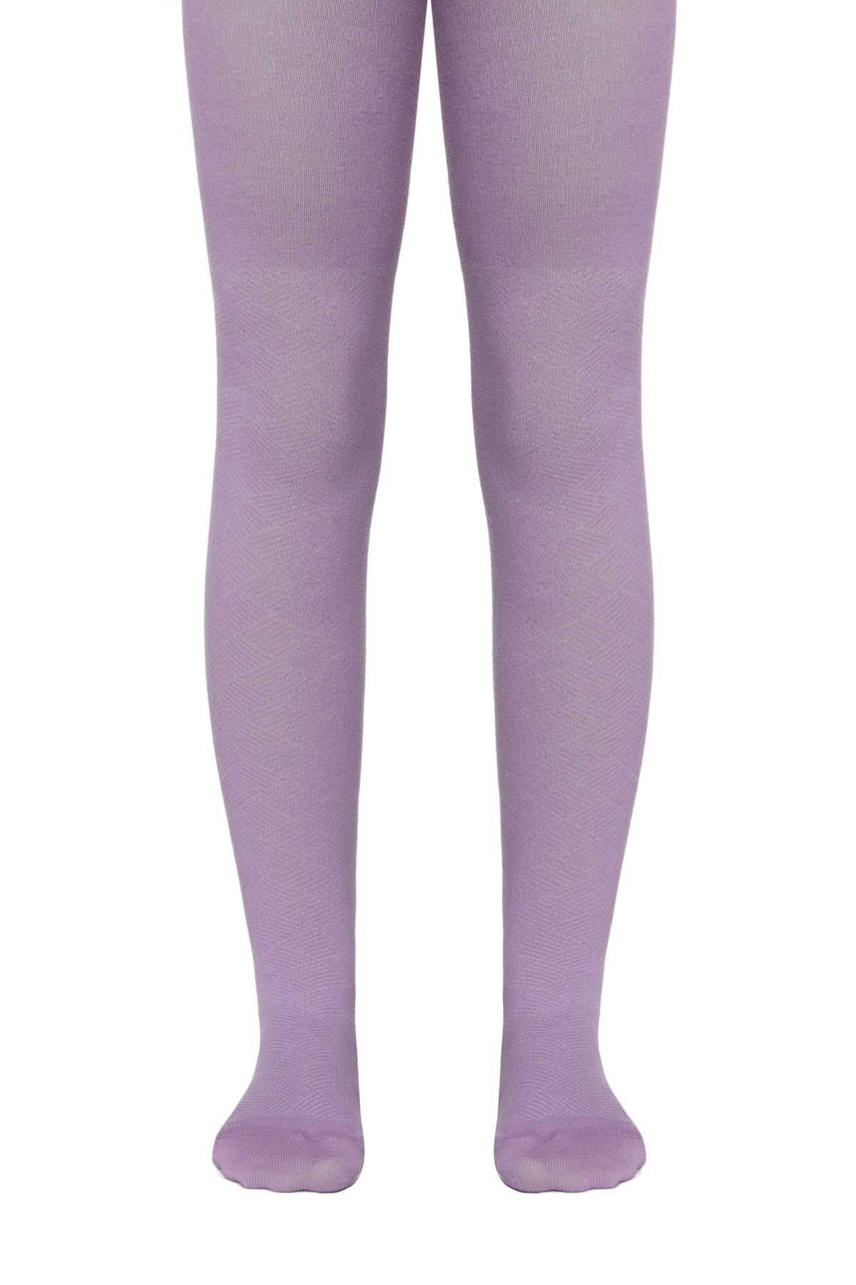 A pair of opaque light purple tights are shown on a mannequin's legs against a white background.
