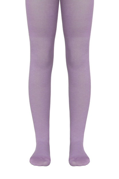 A pair of opaque light purple tights are shown on a mannequin's legs against a white background.