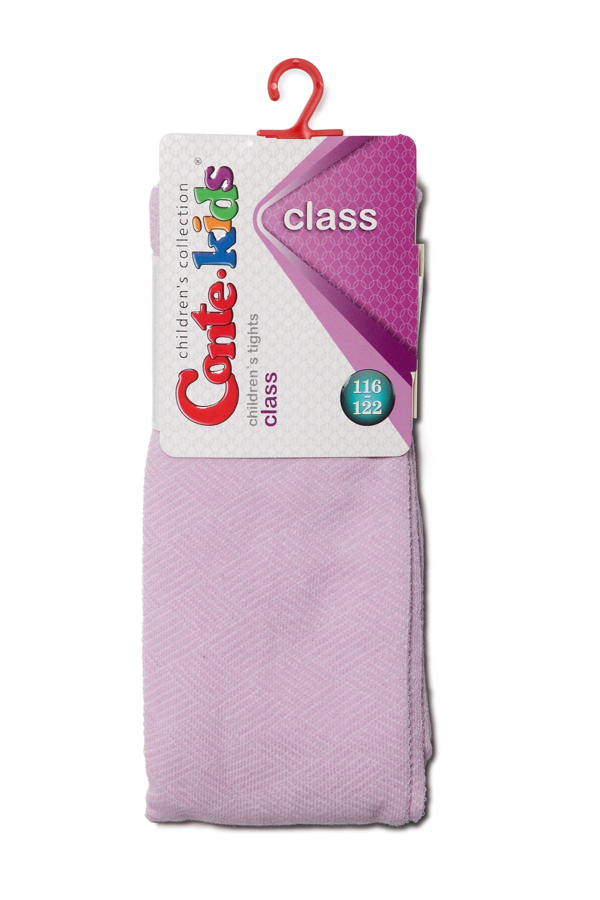 A pair of folded light purple children's tights is packaged with a white and purple cardboard header card displaying the brand name and size numbers 116 and 122.