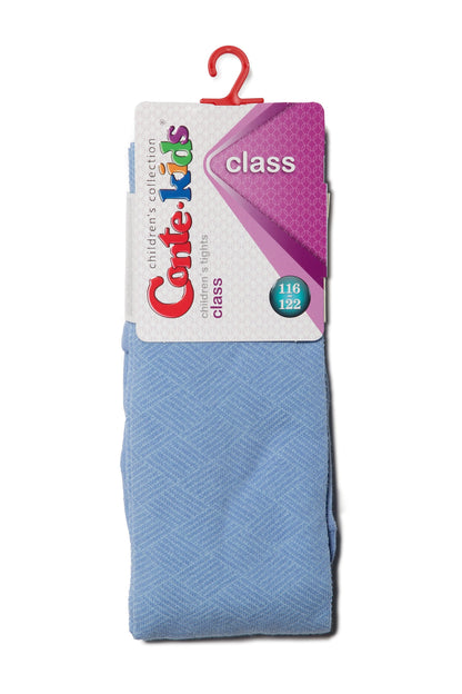 Light blue children's tights with a subtle herringbone pattern, featuring a branded paper packaging header with size indicators 116 and 122.