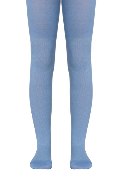 Light blue tights worn on legs, featuring a subtle textured knit pattern that extends down to the feet against a plain white background.
