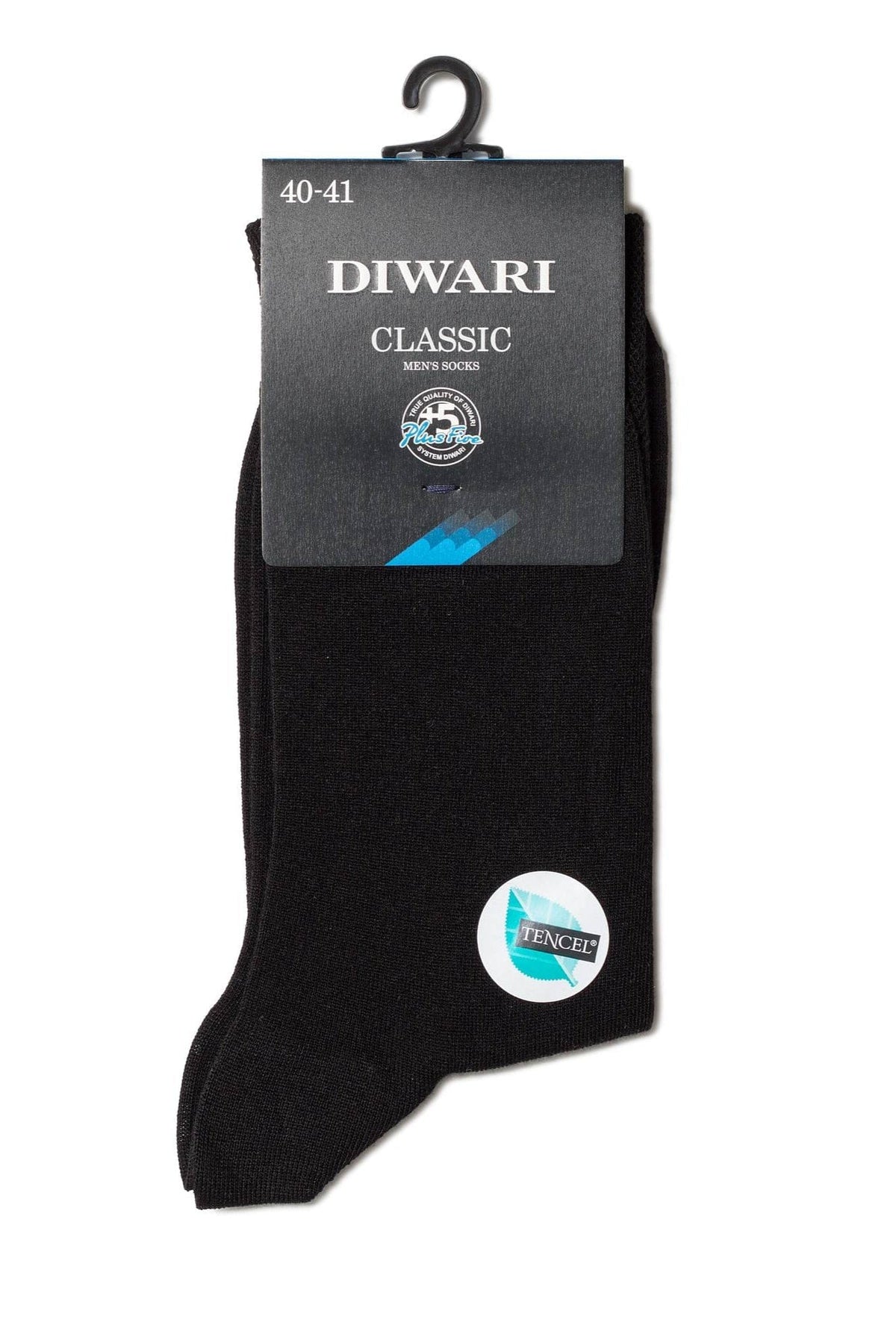 A pair of black men's crew socks hangs from a black branded cardboard display header with a small white circular sticker featuring a Tencel logo.