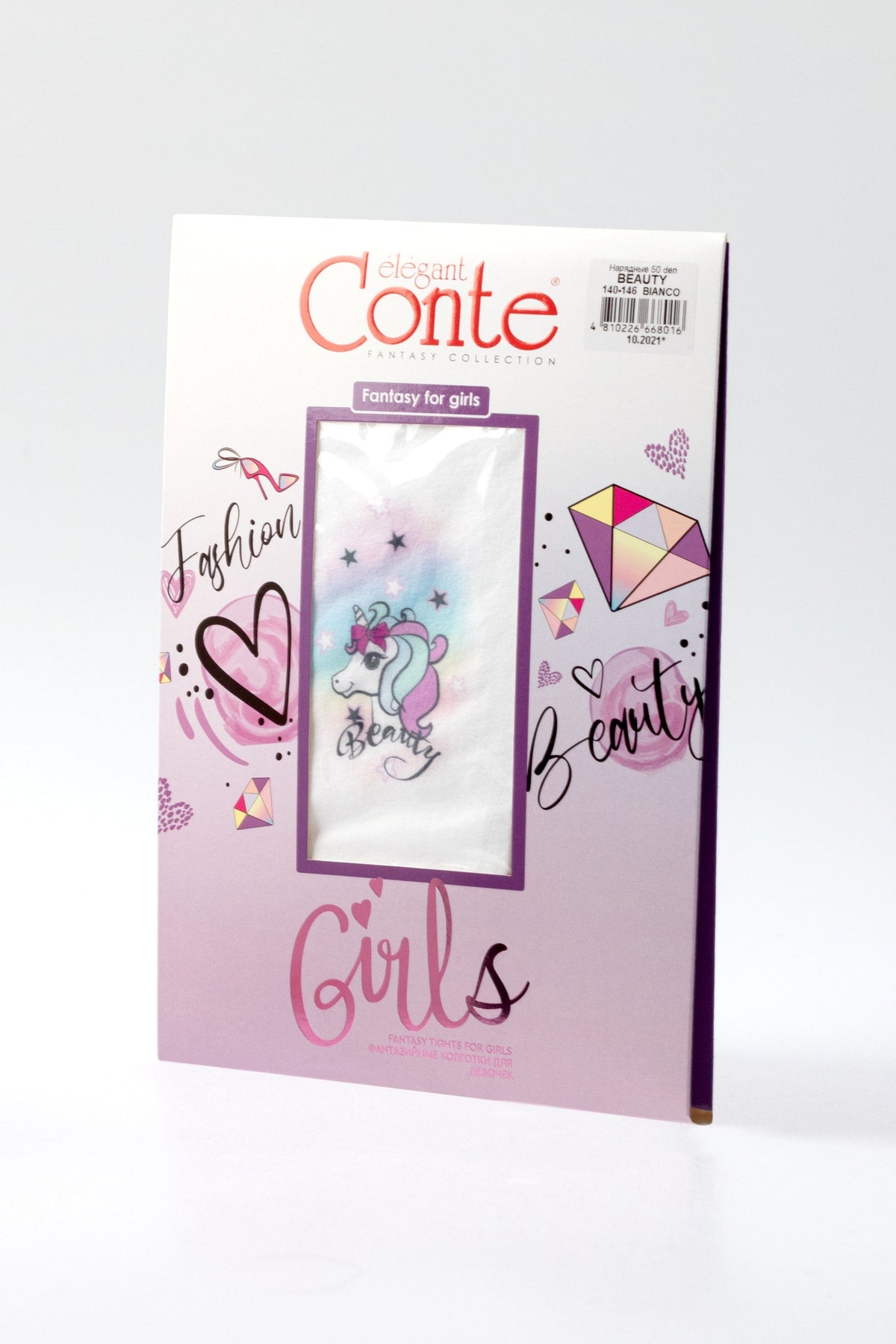 A pair of white children's tights in packaging featuring a unicorn, diamond, and heart illustrations with the text Fashion, Beauty, and Girls.