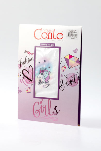 A pair of white children's tights in packaging featuring a unicorn, diamond, and heart illustrations with the text Fashion, Beauty, and Girls.