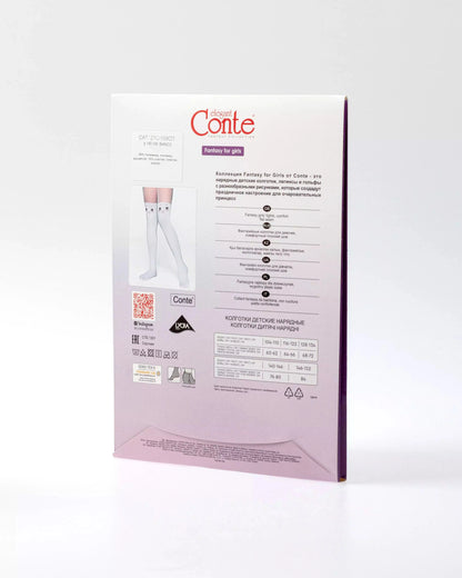 The back of a purple product packaging box featuring a photo of white patterned tights for girls and a size chart table.