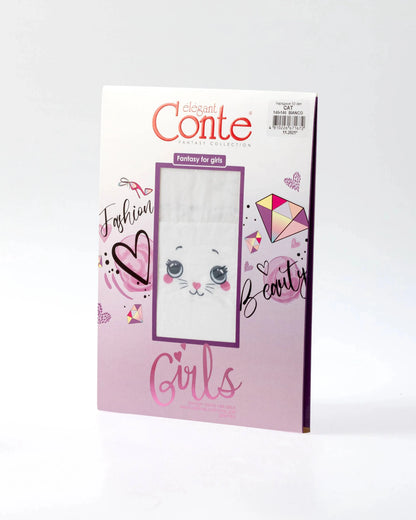 A package of white girls' tights features a cartoon cat face printed on the front, surrounded by colorful illustrations of diamonds, hearts, and the words Fashion, Beauty, and Girls.