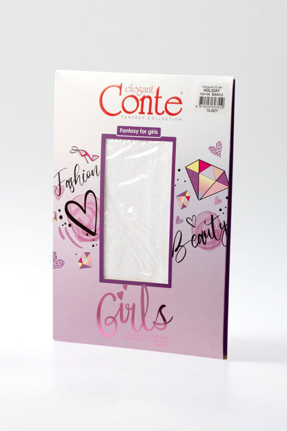 A rectangular product packaging box for children's hosiery, featuring a pink and white gradient background decorated with stylized illustrations of a heart, a high heel, and a diamond.
