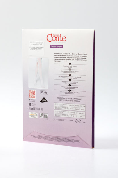 A rectangular cardboard packaging for children's tights in light pink, featuring a picture of a model wearing white patterned tights and various text details and size charts printed on the back.