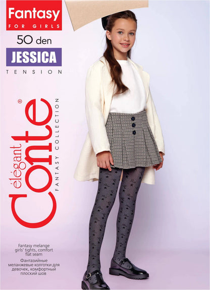 A young girl models gray tights featuring a repeating pattern of dark stars and text, worn with a white long-sleeved top, a checkered pleated skirt, a white coat, and black Mary Jane shoes against a light gray background.