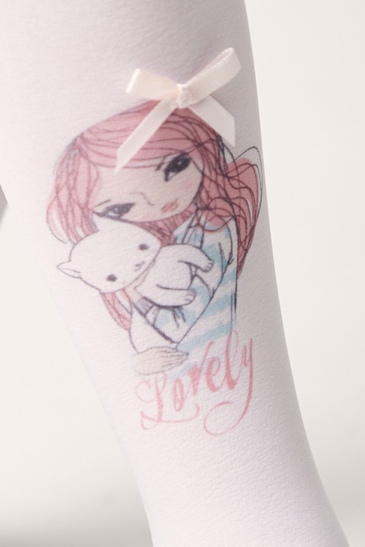 White leggings featuring a printed graphic of a girl with pink hair holding a white kitten, accented with a small pink ribbon bow at the top.