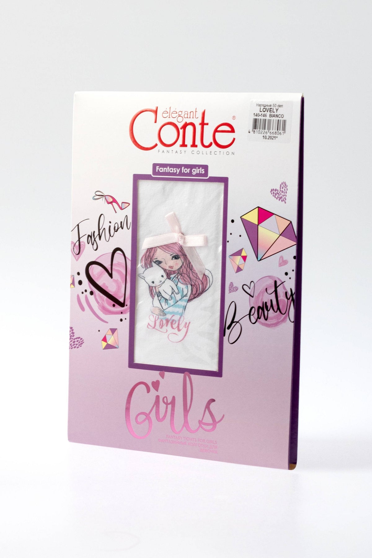 A package of white children's tights featuring a cartoon girl illustration, decorated with pink hearts, a diamond, and the words Fashion, Beauty, and Girls against a white and lavender background.