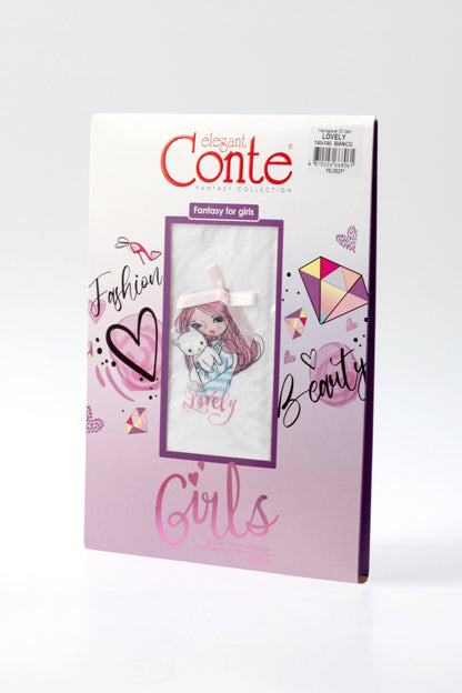 A package of white children's tights featuring a cartoon girl illustration, decorated with pink hearts, a diamond, and the words Fashion, Beauty, and Girls against a white and lavender background.