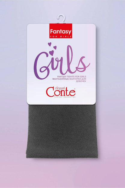 A pair of charcoal grey tights packaged with a white cardboard header featuring purple text and a hanging hook.