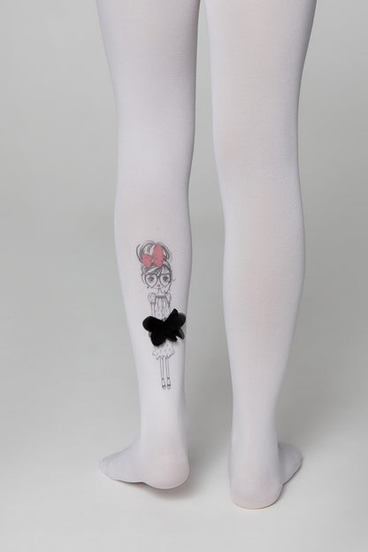White opaque children's tights featuring a line-art illustration of a girl with a pink hair bow and a small black fabric bow embellishment on the lower left leg.
