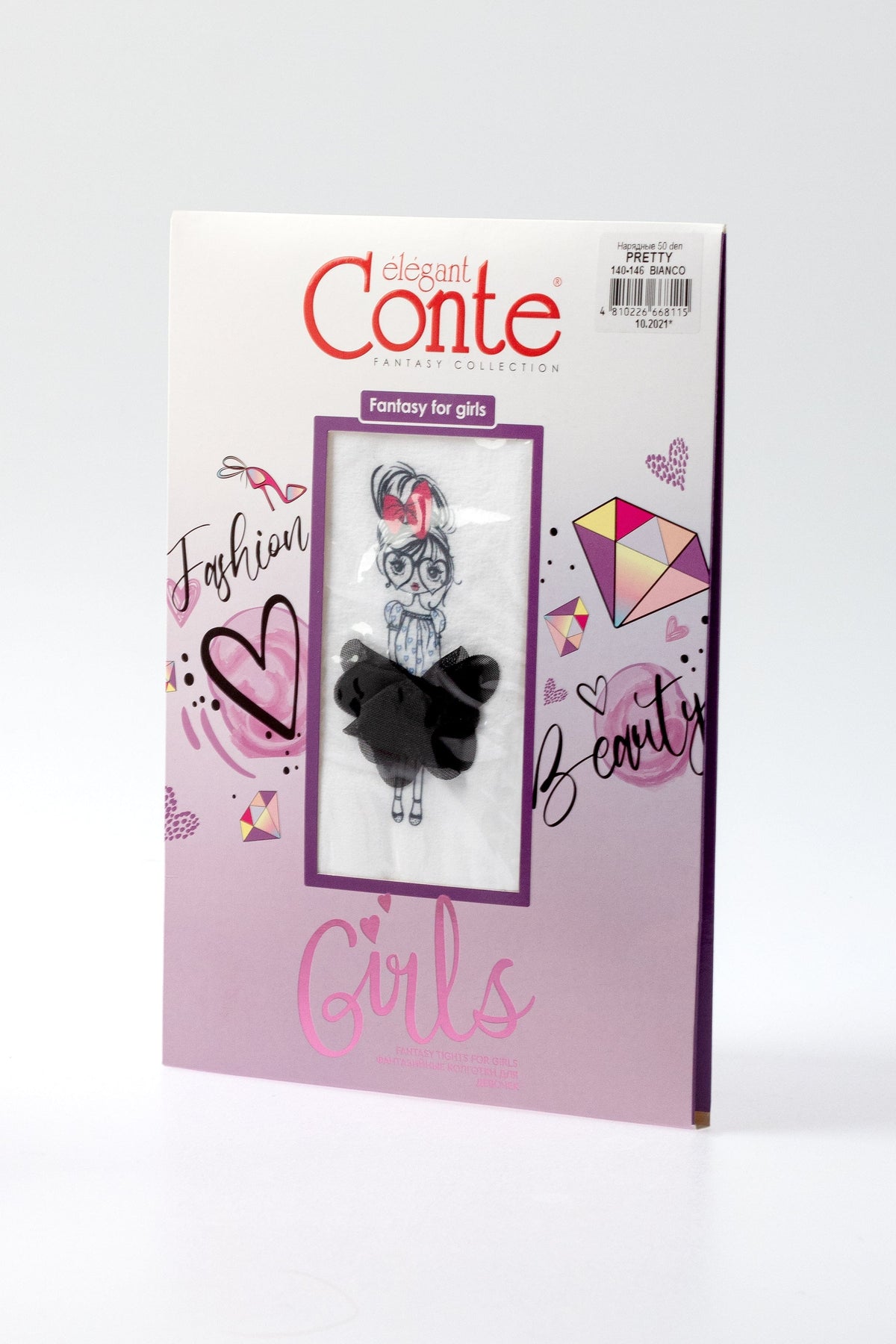A rectangular product box containing white girls' tights, featuring a whimsical illustration of a girl with a bow, hearts, gems, and decorative text in pink and black shades.