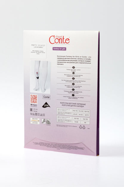 The back of a product box for girls' tights featuring a graphic of the product and size guide charts on a light purple background.
