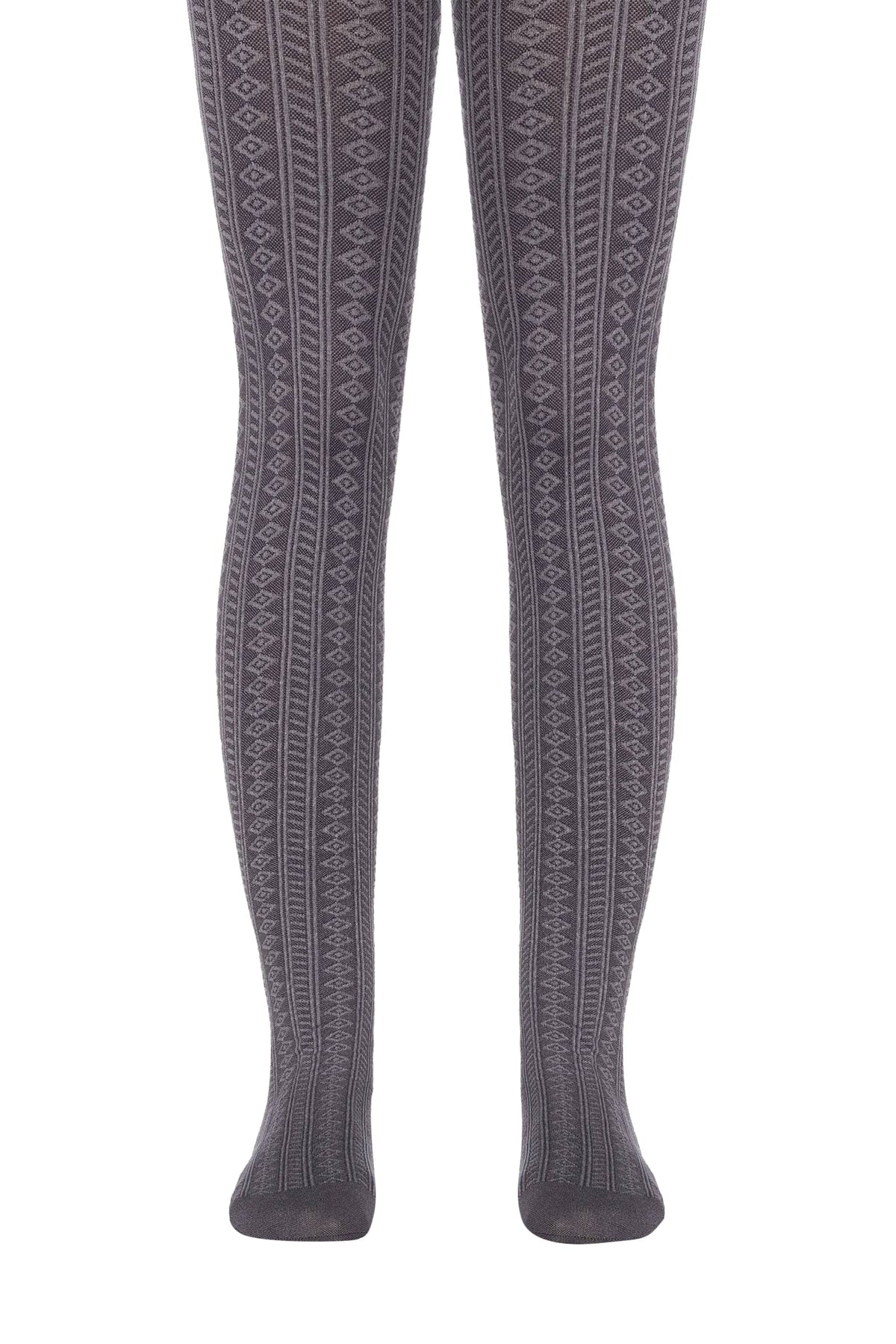 A pair of grey opaque tights featuring a vertical geometric pattern with repeating diamond shapes and ribbed texture.
