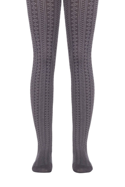 A pair of grey opaque tights featuring a vertical geometric pattern with repeating diamond shapes and ribbed texture.