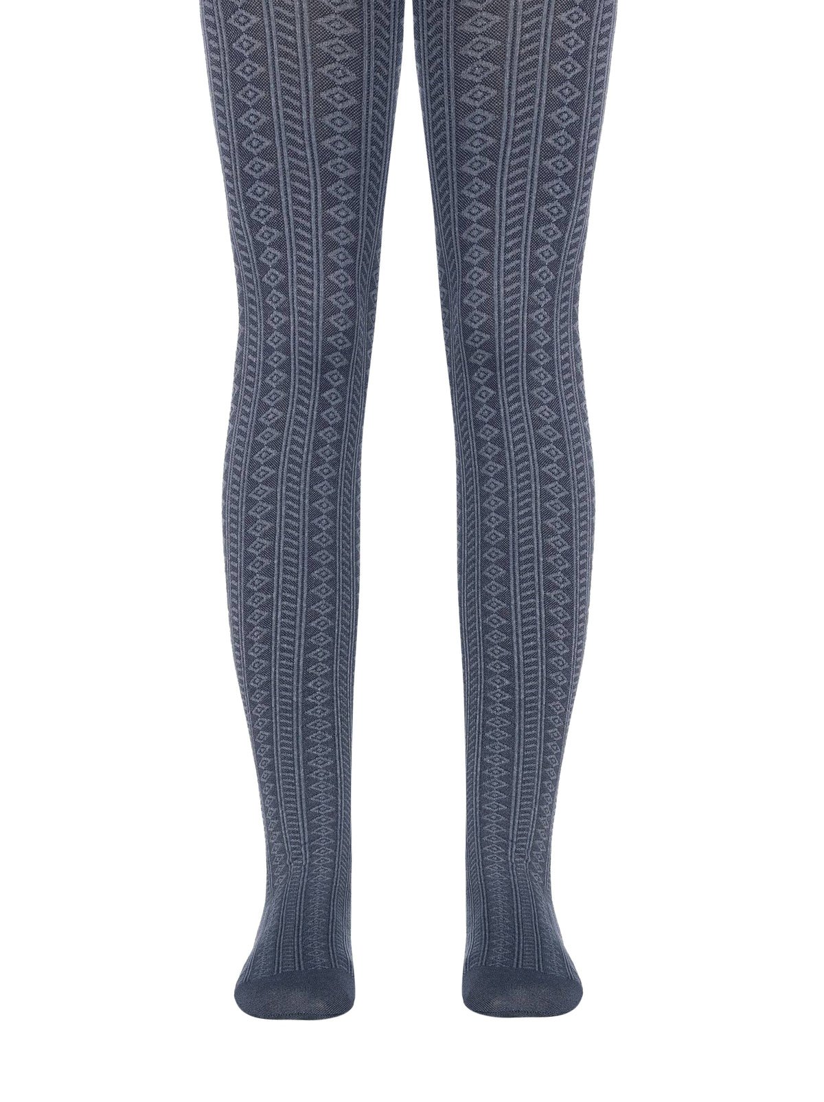 Grey tights featuring an intricate vertical knit pattern of diamonds and textured stripes.