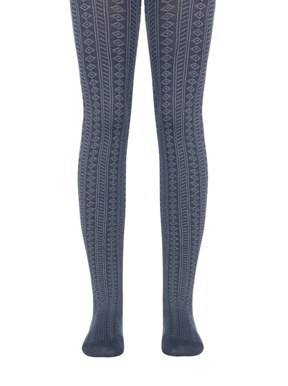 Grey tights featuring an intricate vertical knit pattern of diamonds and textured stripes.