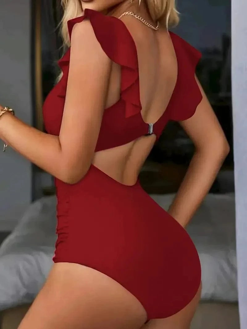 Contrast Mesh One Piece Swimsuit, V Neck Solid Color Backless Tummy Control High Cut Bathing Suit, Women's Swimwear & Clothing - A-1 Thread Vault