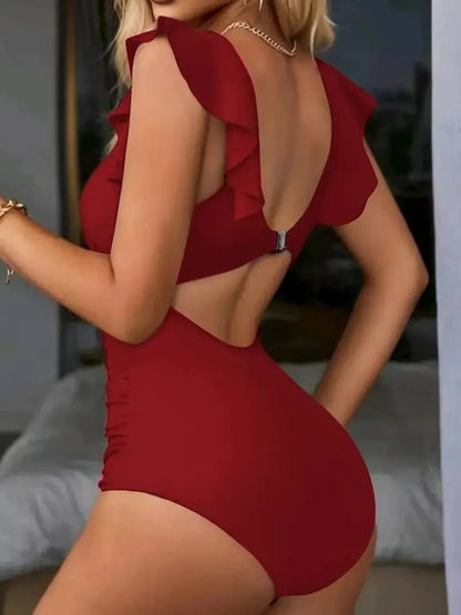 Contrast Mesh One Piece Swimsuit, V Neck Solid Color Backless Tummy Control High Cut Bathing Suit, Women's Swimwear & Clothing - A-1 Thread Vault