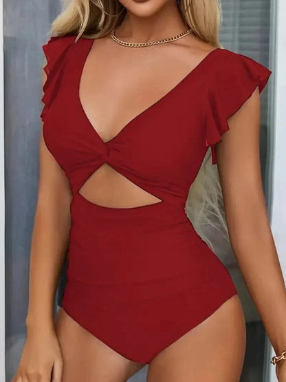 Contrast Mesh One Piece Swimsuit, V Neck Solid Color Backless Tummy Control High Cut Bathing Suit, Women's Swimwear & Clothing - A-1 Thread Vault