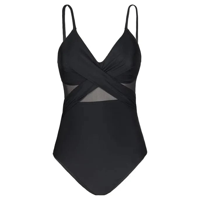 Contrast Mesh One Piece Swimsuit, V Neck Solid Color Backless Tummy Control High Cut Bathing Suit, Women's Swimwear & Clothing - A-1 Thread Vault