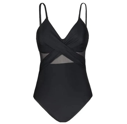 Contrast Mesh One Piece Swimsuit, V Neck Solid Color Backless Tummy Control High Cut Bathing Suit, Women's Swimwear & Clothing - A-1 Thread Vault