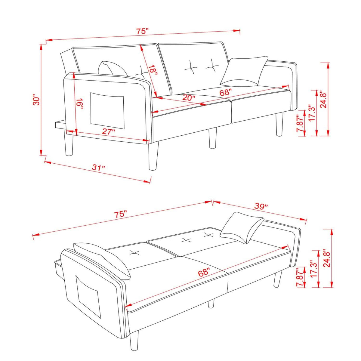 Convertible Futon Sofa Bed with 2 Pillows - A-1 Thread Vault