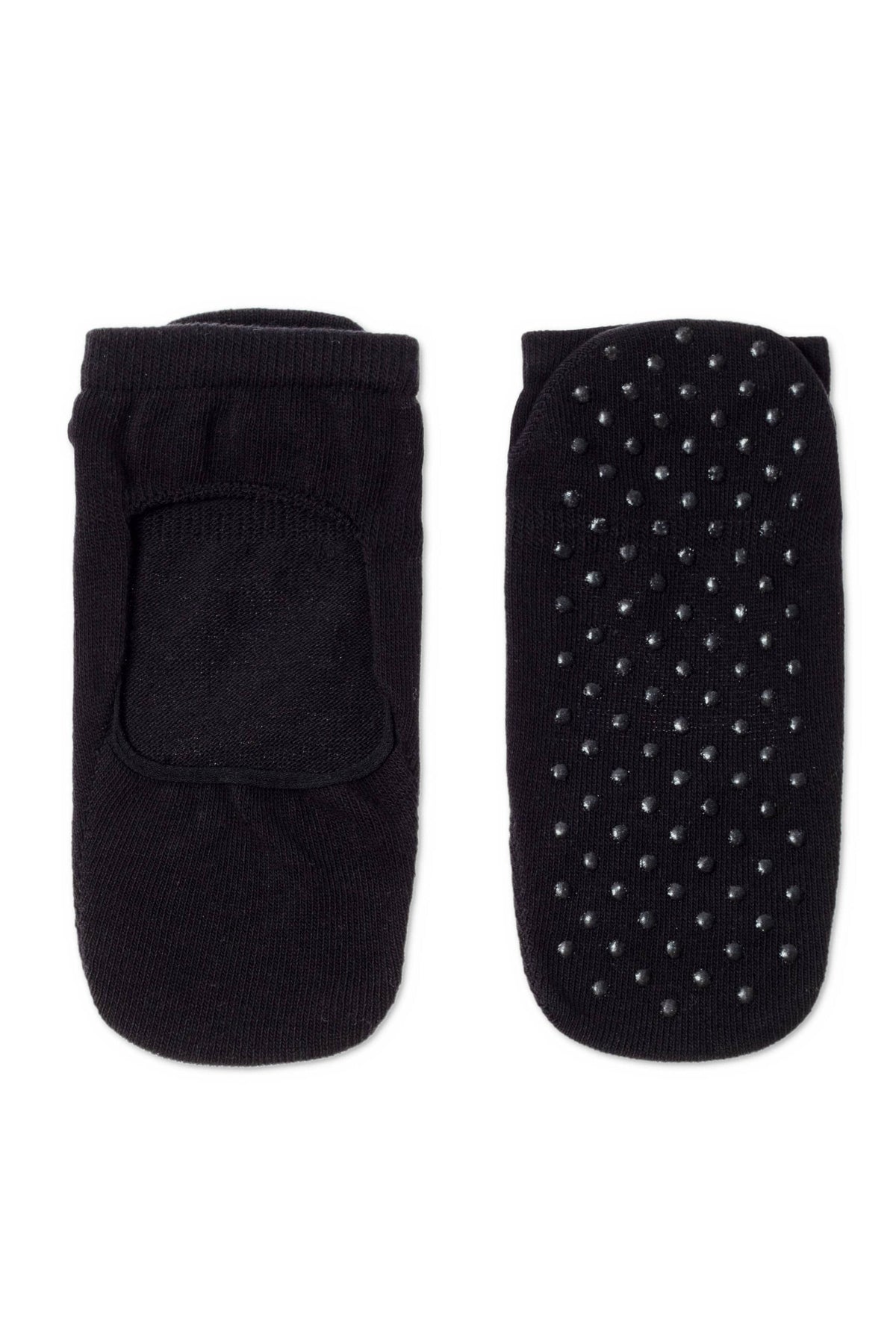 A pair of black low-cut socks, with one sock shown from the top featuring an open middle section and the other shown from the bottom featuring a dotted rubberized anti-slip grip pattern.