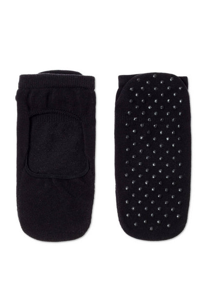 A pair of black low-cut socks, with one sock shown from the top featuring an open middle section and the other shown from the bottom featuring a dotted rubberized anti-slip grip pattern.