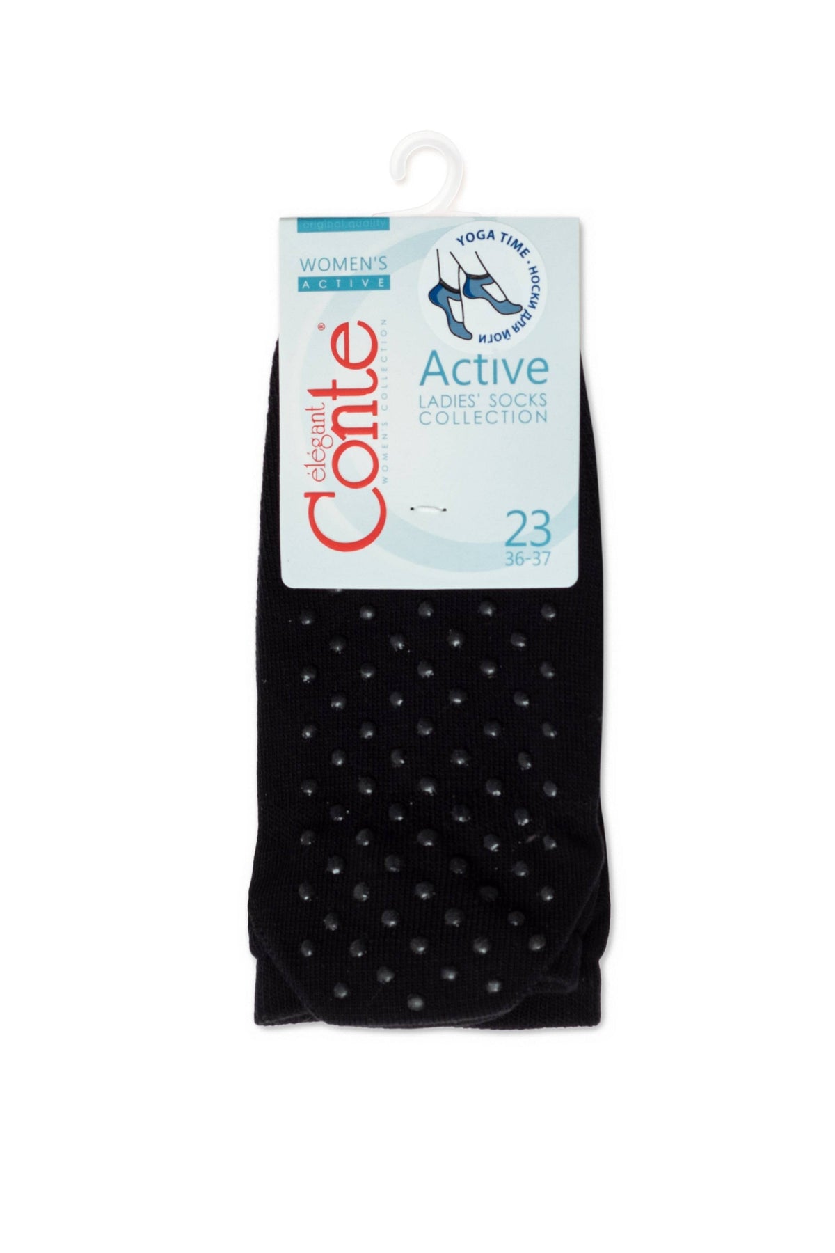 A pair of black women's yoga socks with non-slip grips on the soles attached to a branded cardboard retail label.