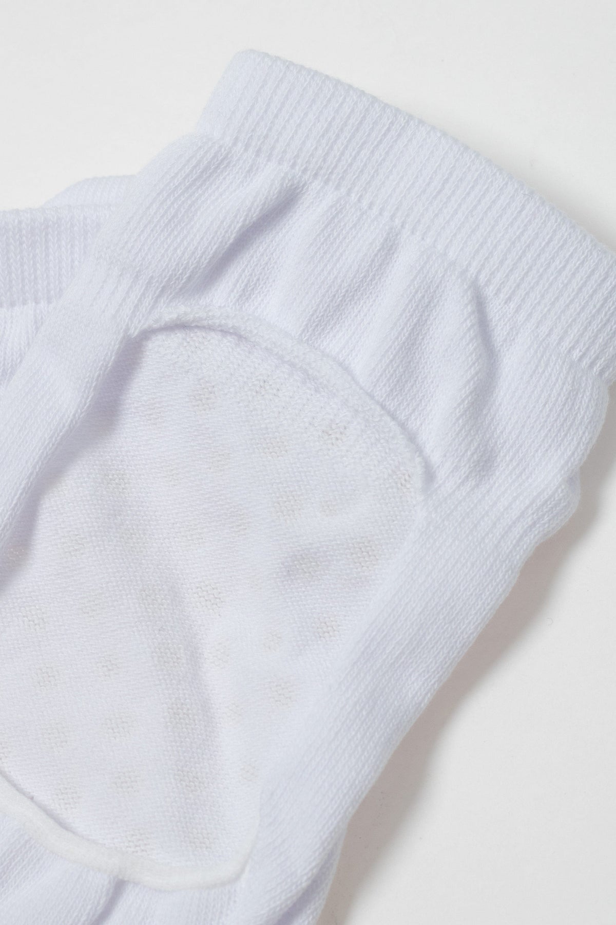 A close-up of a white sock showing the textured, reinforced arch support area with a rounded knit pattern on a plain white background.