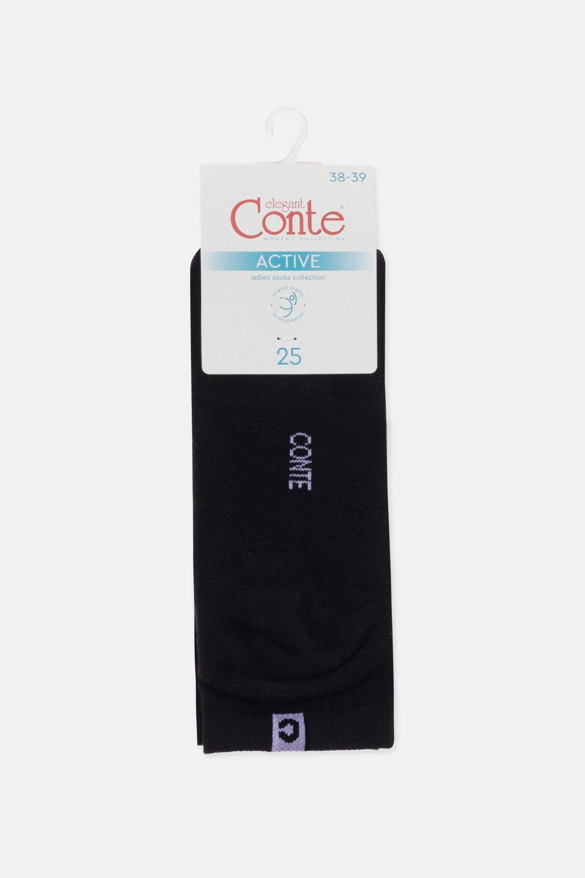 A pair of black crew socks packaged with a white cardboard hanger featuring the brand name, size 38-39, and a small logo on the cuff.