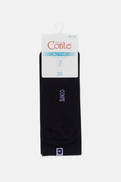 A pair of black crew socks packaged with a white cardboard hanger featuring the brand name, size 38-39, and a small logo on the cuff.