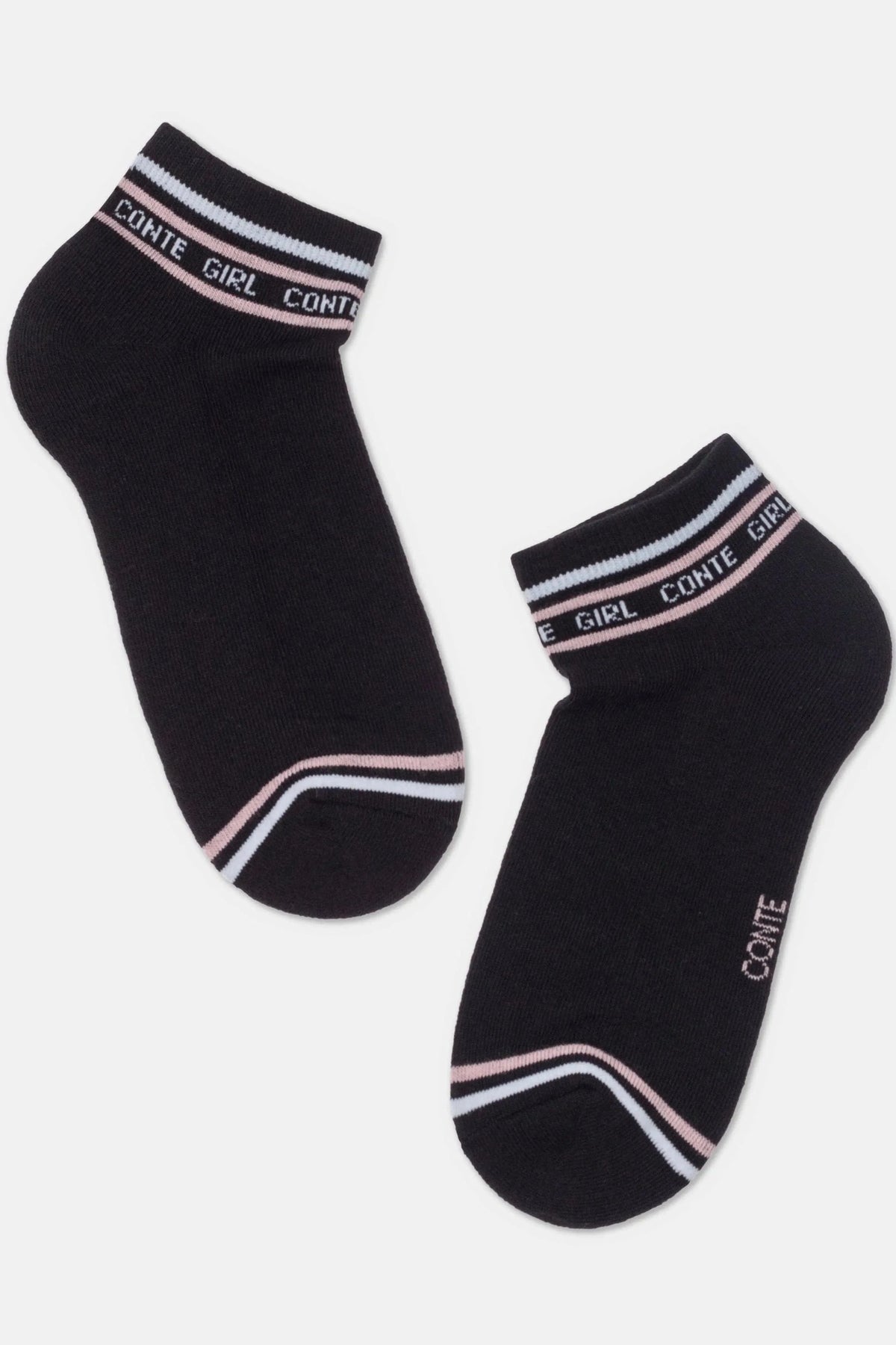 A pair of black ankle socks featuring white and pink striped accents on the cuffs and toes, with the text CONTE GIRL written around the top trim.
