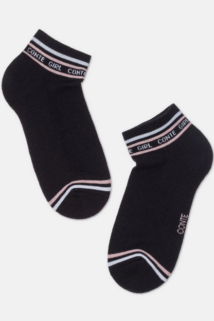 A pair of black ankle socks featuring white and pink striped accents on the cuffs and toes, with the text CONTE GIRL written around the top trim.