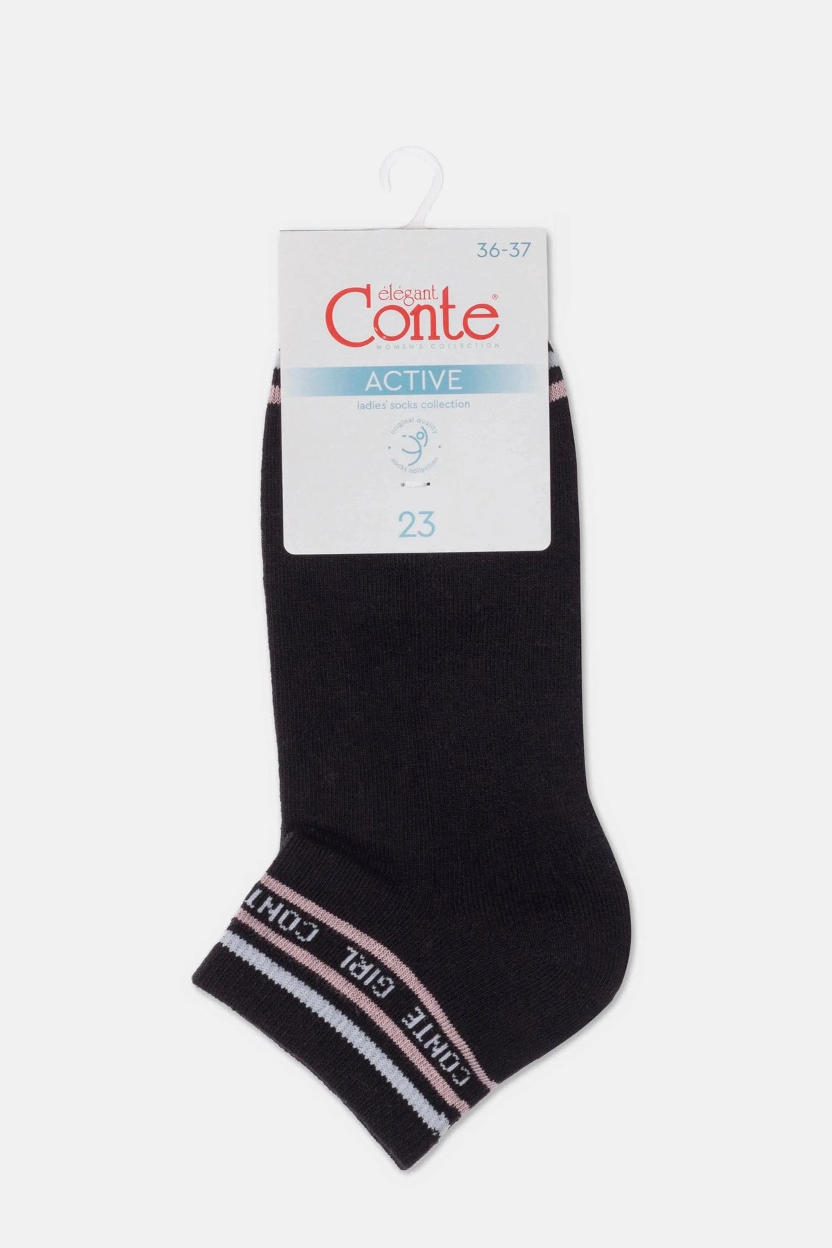 A pair of black ankle socks with pink and white striped details and white text on the cuffs, displayed on a hanging cardboard retail label.
