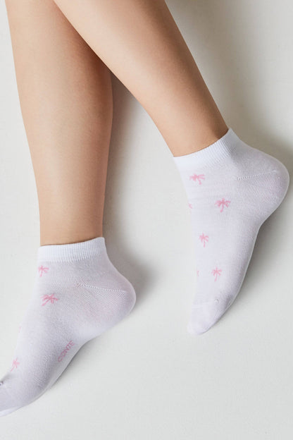 A pair of white ankle socks featuring a subtle pink palm tree pattern worn on a person's feet against a plain white background.
