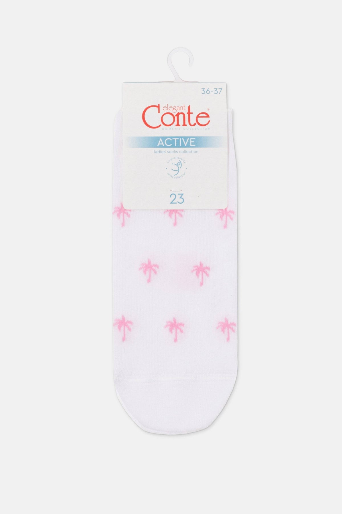A pair of white ankle socks decorated with a repeating pattern of small pink palm trees, displayed on a cardboard hanger.