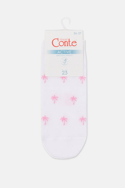 A pair of white ankle socks decorated with a repeating pattern of small pink palm trees, displayed on a cardboard hanger.